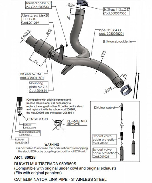 No Kat raccordo elimina catalizzatore DUCATI MULTISTRADA 950 V2/S 2022 - 2023 Codice: 80028